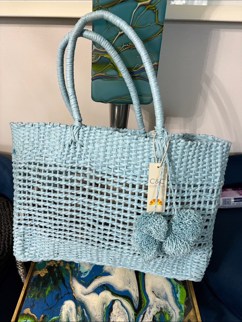 C&C California Pale Blue Woven Tote with Pom-Pom Charms